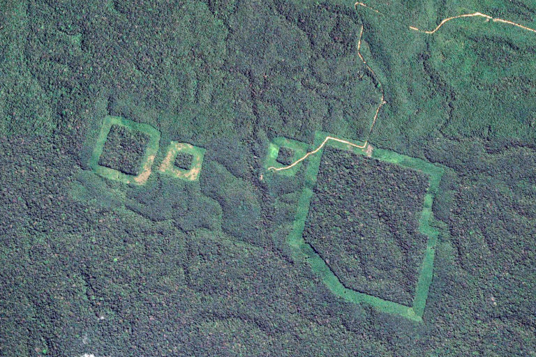 Satellite image of forest islands in the Biological Dynamics of Forest Fragments Project in the Brazilian Amazon. Image credit: Maxar Technologies with processing by Mongabay.