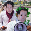 Activists donned masks bearing the face of slain environmentalist Chut Wutty while demonstrating in Phnom Penh.