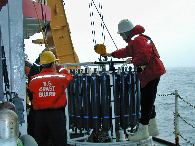 Ken Buesseler climbing on a measurement device called a CTD — for conductivity, temperature and depth — on board the Polar Star, a U.S. Coast Guard icebreaker, in the Southern Ocean in 2002.