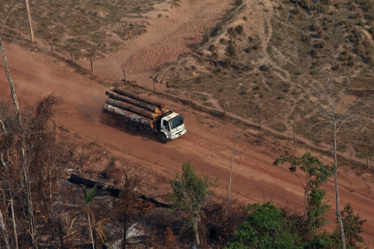 A logging truck through deforested lands.