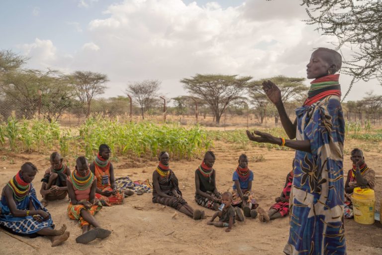 Lokutan Amaler speaks to fellow farmers in Kangirega Village, Turkana County, on 23rd March 2022. Image courtesy of UN Convention to Combat Desertification.